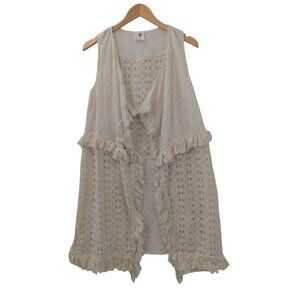 Everleigh Long Crochet Duster Vest S Cream Sleeveless‎ Open Front Boho Festival